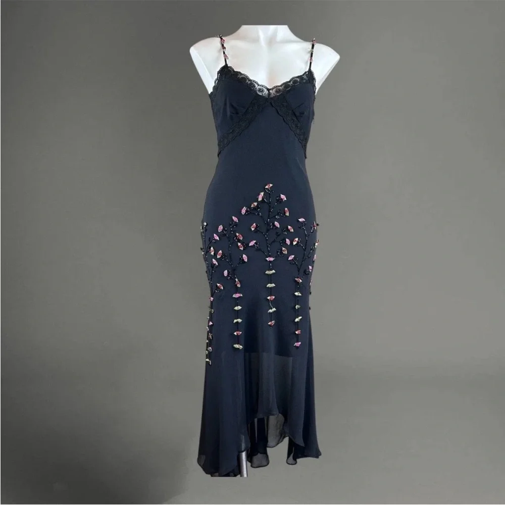 Vintage 90s Y2K 100% Silk Beaded Dress Rose Vintage Beaded Dress Silk Slip Dress - Picture 5 of 7